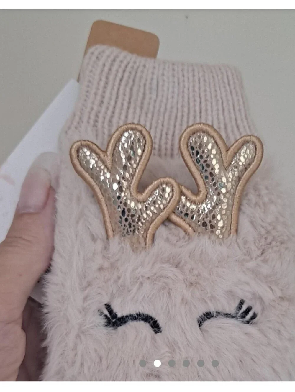 I AM Beige faux fur knit Fingerless Gloves Reindeer Mittens Holiday BRAND NEW
